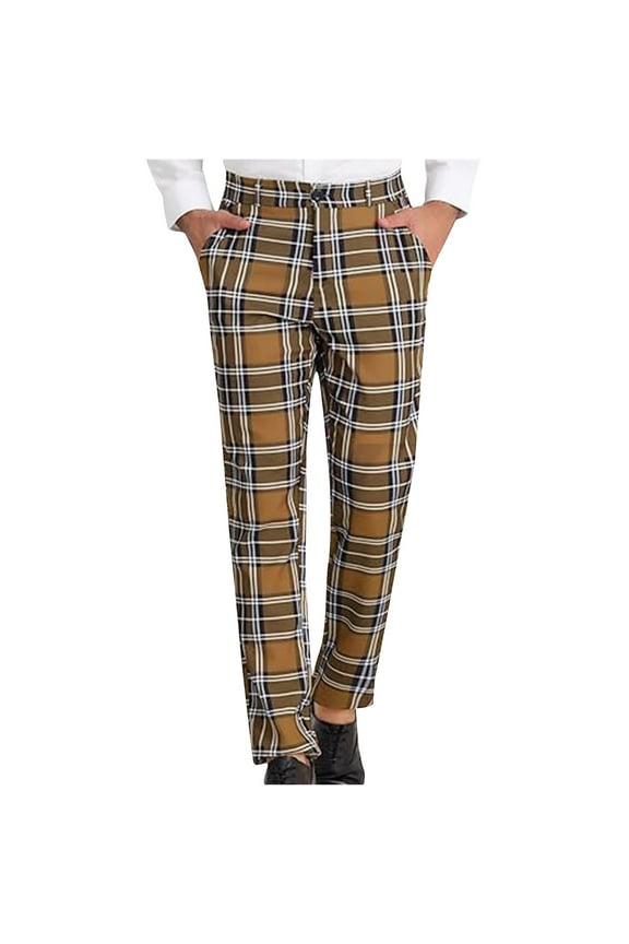 Dress Pants for Men Business Casual Plaid Chino Pants Comfort Stretch Tapered Trousers with Pockets, Brown, 3XL