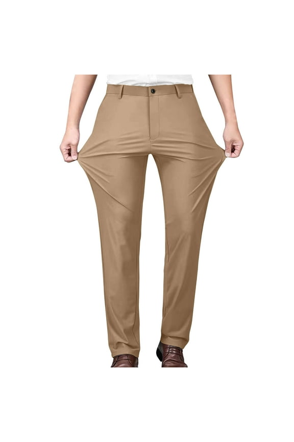 Dress Pants for Men Business Casual Straight Leg Suit Pants Flat Front Stretch Trousers with Pockets, Brown, 3XL 38