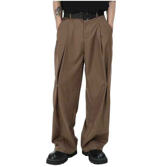 Dress Pants for Men Business Casual Wide Leg Suit Pants Solid Color Chino Trousers with Pockets, Brown, M