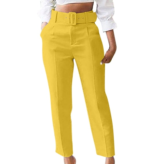 Dress Pants for Women High Waisted Loose Straight Leg Business Casual Work Pants with Pockets and Belted(X-Large,Yellow)
