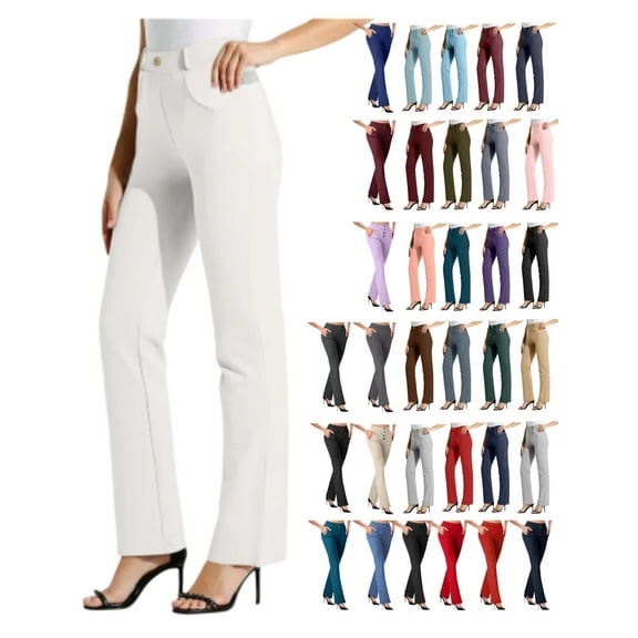Tawop Women Pants Work Pants Trouser Pants for Women Elastic Waist Pull on with Pockets Straight Trousers White L