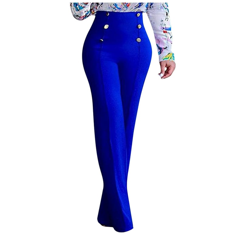 womens designer dress pants Dress Pants for Womens Fashion High Waist Solid Straight Flared Pull-on  Work Pant Button Decor Office Trousers (S, Blue)