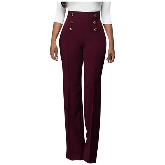 Dress Pants for Womens Fashion High Waist Solid Straight Flared Pull-on Work Pant Button Decor Office Trousers (S, Wine)
