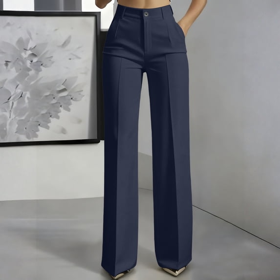 Dress Pants for Womens High Waisted Wide Leg Office Work Slacks Summer Fashion Trendy Trousers with Pockets Dark Blue XL
