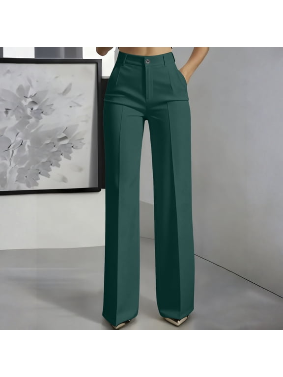 Dress Pants for Womens High Waisted Wide Leg Office Work Slacks Summer Fashion Trendy Trousers with Pockets Dark Green XL