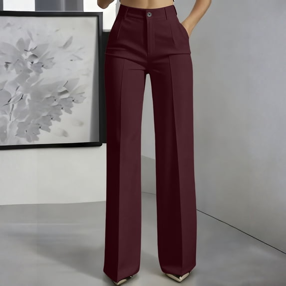 Dress Pants for Womens High Waisted Wide Leg Office Work Slacks Summer Fashion Trendy Trousers with Pockets Wine S
