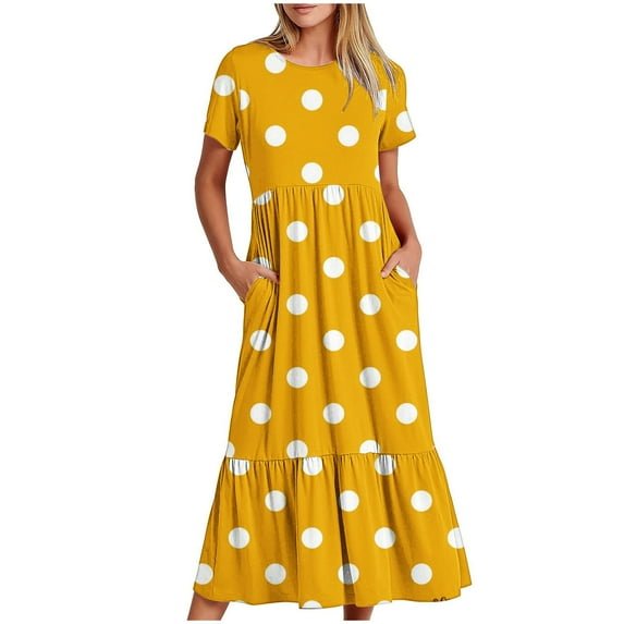Wo-Fusoul Short Sleeve Dress Women's Polka Dot Printed Short Sleeve Round Neck Midi Dress with Double Pockets Long Sleeve Dress