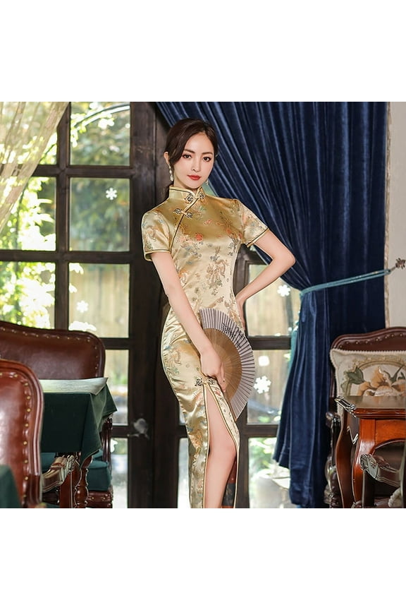 Vintage Chinese National Cheongsam Dresses for Women Handmade Button Long Qipao with Dragon Print
