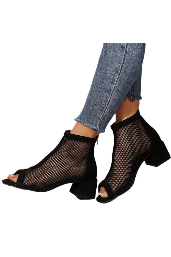 Dress Sandals for Women Black 2025 Summer Sexy Fishnet Mesh Peep Toe Block High Heels Mid Calf Ankle Boots