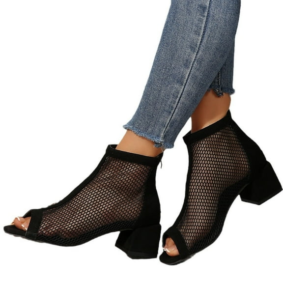 Dress Sandals for Women Black 2025 Summer Sexy Fishnet Mesh Peep Toe Block High Heels Mid Calf Ankle Boots