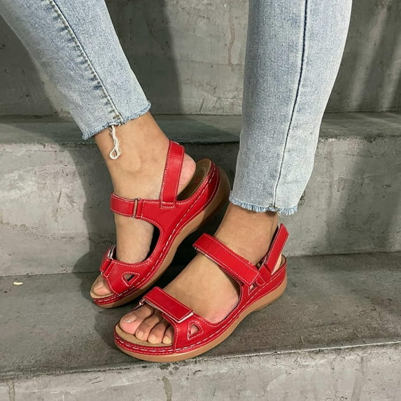 Dress Sandals for Women, Xunlbb Summer New Large Size Breathable Fish Mouth Comfortable Flat Wedge Open Toe Casual Beach Sandals(Red,Size:40)