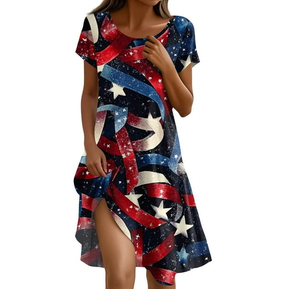 Dress Shirt, American Flag Casual T Shirt Dress With Pockets 4Th Of July V Neck Short Sleeve Boho Sundress Summer Cocktail For Women 2025 Sun Dresses Prom Petite Dresses (XL, Blue) ZMTing