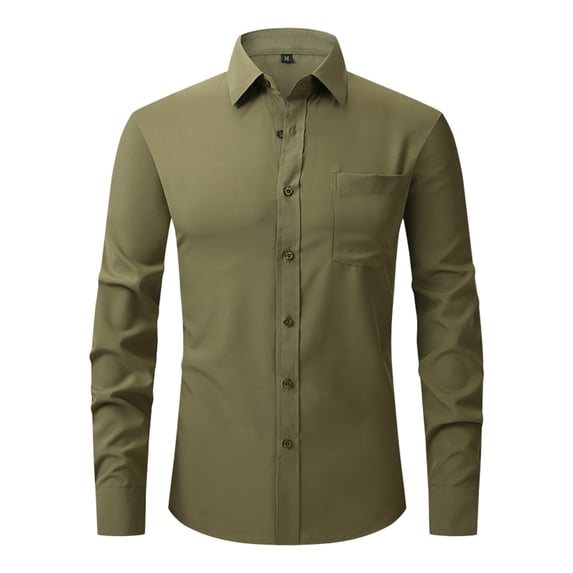 Dress Shirt Men Long Sleeve Regular Fit Stretch Lightweight Solid Button Down Formal Business Shirts Army Green M
