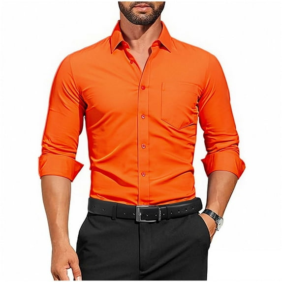 Dress Shirt for Men Long Sleeve Button Down Solid Color Stretch Wrinkle Free Business Casual Tops Orange S