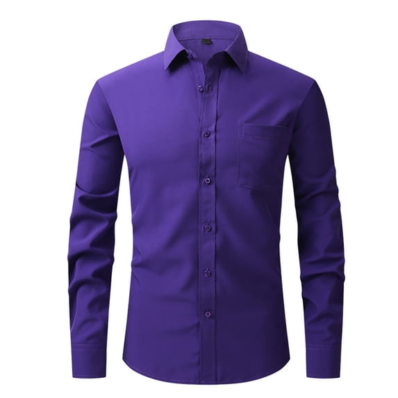 Dress Shirt for Men Long Sleeve Solid Button Down Lapel Collar Cardigan Top with Pockets Purple S
