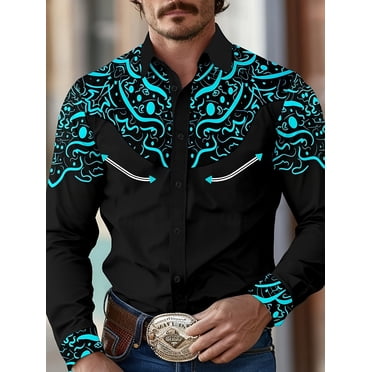 Dress Shirt for Men Western Cowboy Long Sleeve Casual Tops Men's Sport Western Two Pocket Long Sleeve Snap Button Down Shirts Black L