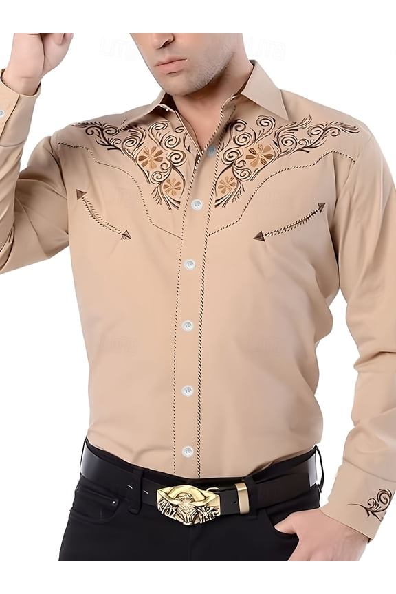 Dress Shirt for Men Western Cowboy Long Sleeve Casual Tops Men's Sport Western Two Pocket Long Sleeve Snap Button Down Shirts Khaki XL