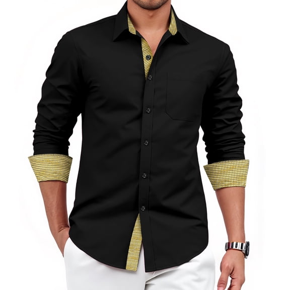 Mens Long Sleeve Dress Shirt Regular Fit Button Down with Inner Contrast for Weddings Business