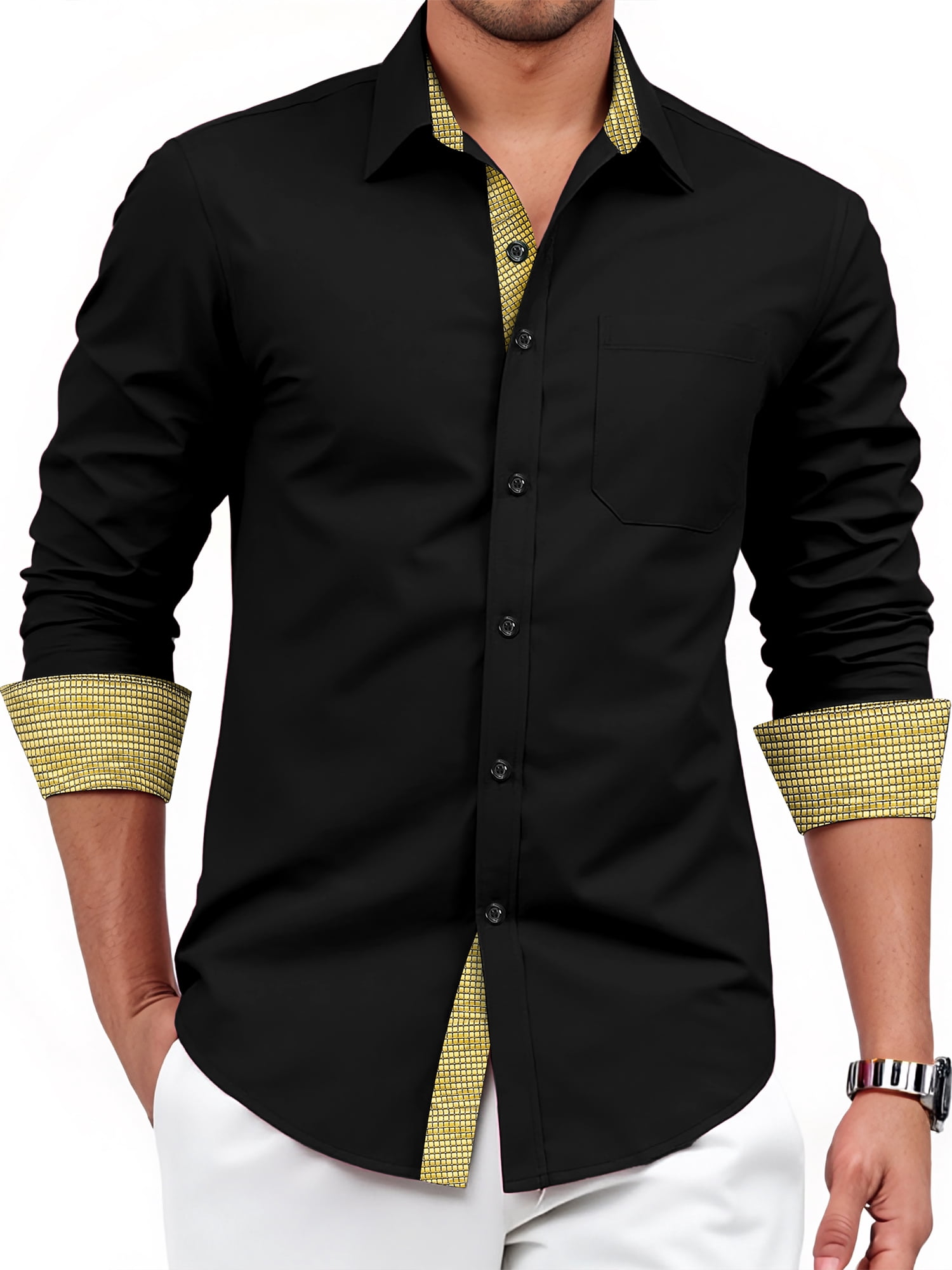 mens black dress shirt walmart Sumtumn Mens Black Dress Shirt Long Sleeve Button Down Regular Fit Shirt with Stripes Inner Contrast, Men's, Size: 2XL