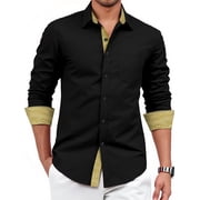 Mens Long Sleeve Dress Shirt Regular Fit Button Down with Inner Contrast for Weddings Business
