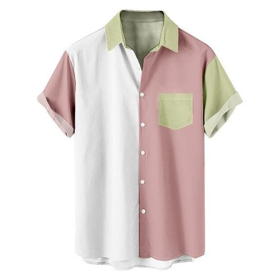 Dress Shirts for Men, Mens Big Tall Shirt Hawaii Holiday Tee Tops Casual Loose Classic Regular Short Sleeve Crewneck Solid Color Splice Button-down Workout Tshirts Summer