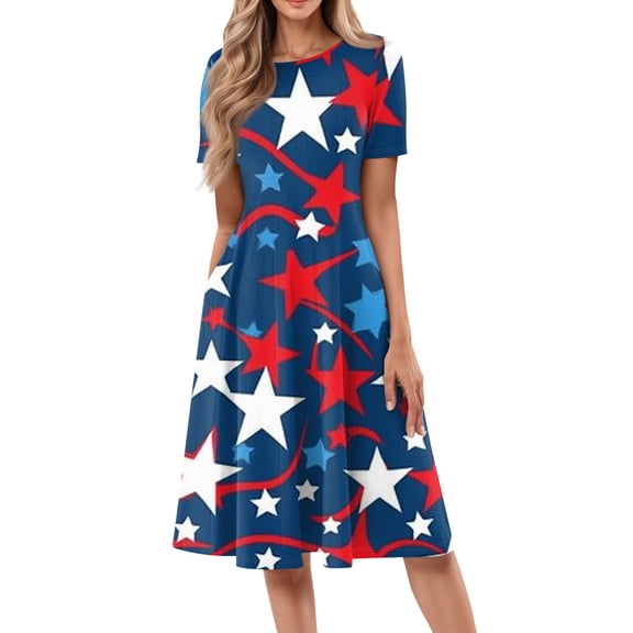 Dress Shirts For Women, American Flag T Shirt Long Dresses Casual Cotton 4Th Of July Patriotic Short Sleeve Round Neck Pocket Dress Women'S Pants Quinceanera Dresses (M, Sky Blue) ZMTing