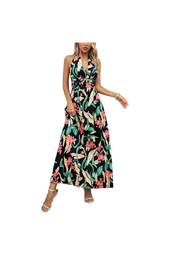 Dress Shirts For Women, Hawaiian Halter V Neck Floral Backless Bohemian Beach Flowy Maxi Dress Summer Wedding Guest Women Graduation Dresses Luau Outfits Dresses Maxi Dresses (XL, Black) ZMTing