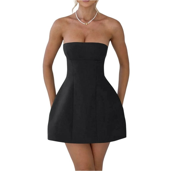 Dress Shirts For Women, Homecoming Strapless Tube Top Mini Party Dress Long Women Winter Bell Sleeve Dress Womens Plus Size The Groom Dresses Wedding Romper Dresses (M, Black) ZMTing