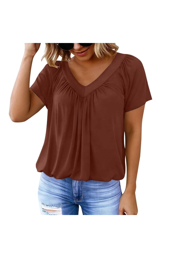 Dress Shirts for Women Pleated Tops Interview Outfits Womens Blouses V Neck Short Sleeve Tops Business Casual Tops Tunic Tops Womens Summer Blouse Dressy Blouses Summer Blouses Brown XXL