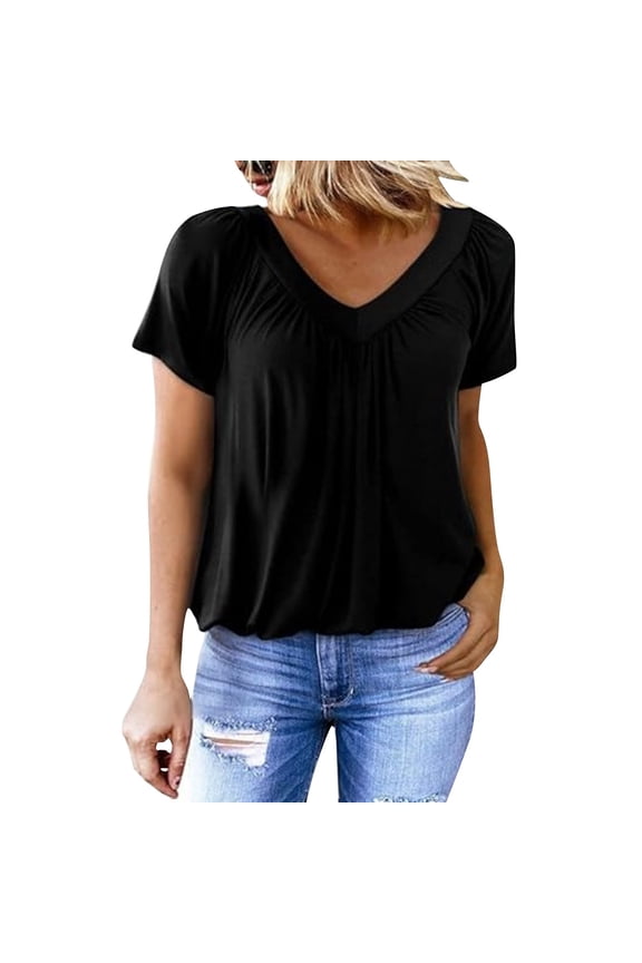 Dress Shirts for Women Pleated Tops Shirts for Women Summer Tees Oversized Shirt Short Sleeve Tops Womens Tees Summer Chiffon Tops Pleated Front Blouses V Neck Cute Blouses for Women Black M