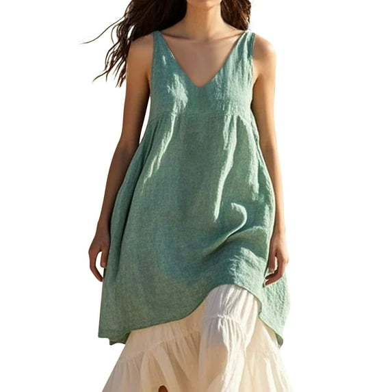 Dress Shirts For Women, Tank Casual Loose Sleeveless Cotton Linen Solid Color V Neck Beach Dresses Mermaid Wedding Pink Mini Dress Sexy Women Modest Dresses Work Denim Dresses (L, Light Green) ZMTing