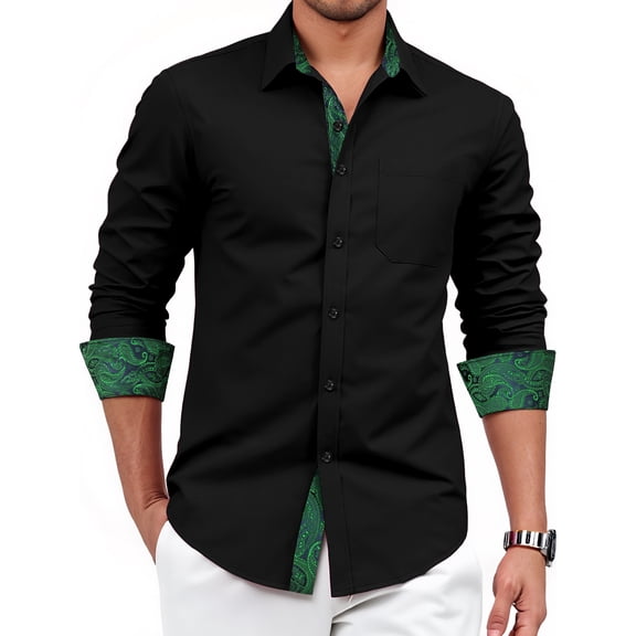 Mens Black Dress Shirt Long Sleeve Button Down Regular Fit Shirt with Paisley Inner Contrast XL