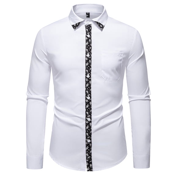Dress Shirts for Men Long Sleeve Fitted Button Down Collared Blouses with Floral Print Business Casual Outfits (2XL, White)