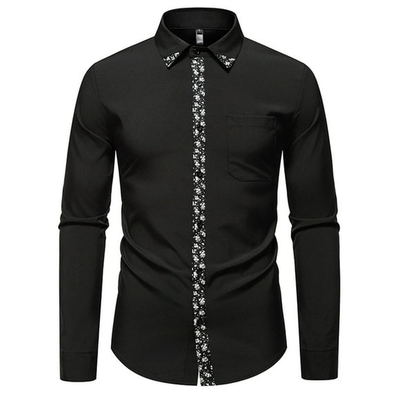 Dress Shirts for Men Long Sleeve Fitted Button Down Collared Blouses with Floral Print Business Casual Outfits (L, Black)