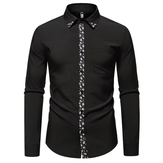 Dress Shirts for Men Long Sleeve Fitted Button Down Collared Blouses with Floral Print Business Casual Outfits (L, Black)
