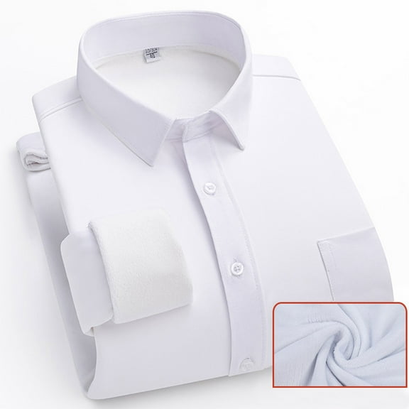 Dress Shirts for Men Long Sleeve Fleece Lined Button-Down Tshirts Shirt with Pocket and Collar Business Casual Slim Solid Color Thermal Work Tops