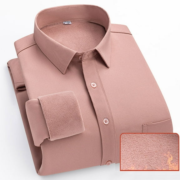 Dress Shirts for Men Long Sleeve Fleece Lined Button-Down Tshirts Shirt with Pocket and Collar Business Casual Slim Solid Color Thermal Work Tops
