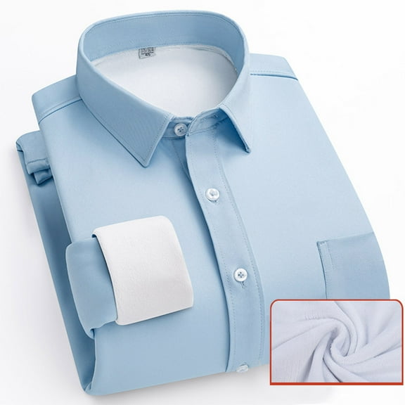 Dress Shirts for Men Long Sleeve Fleece Lined Button-Down Tshirts Shirt with Pocket and Collar Business Casual Slim Solid Color Thermal Work Tops