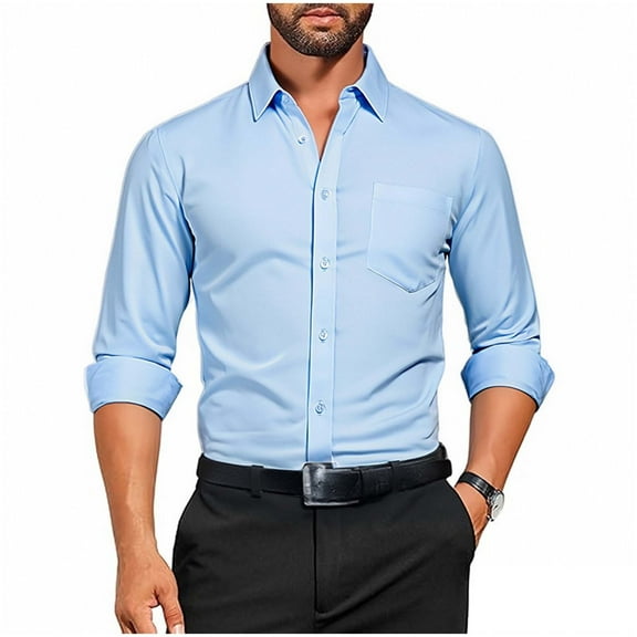 Dress Shirts for Men Slim Fit Long Sleeve Button Up Blouses Solid Color Business Casual Outfits Collared Tops (L, Light Blue)