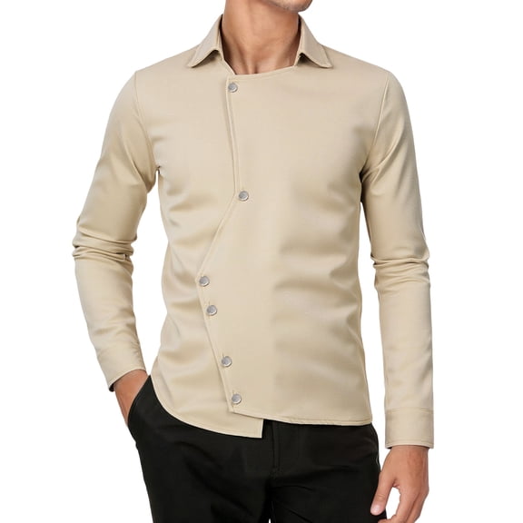 Dress Shirts for Men Solid Asymmetric Diagonal Placket Slim Fit Formal Stand Collar Long Sleeve Khaki S