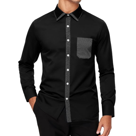 Dress Shirts for Men Solid Color Block Pocket Slim Fit Formal Stand Collar Long Sleeve Shirt Black S
