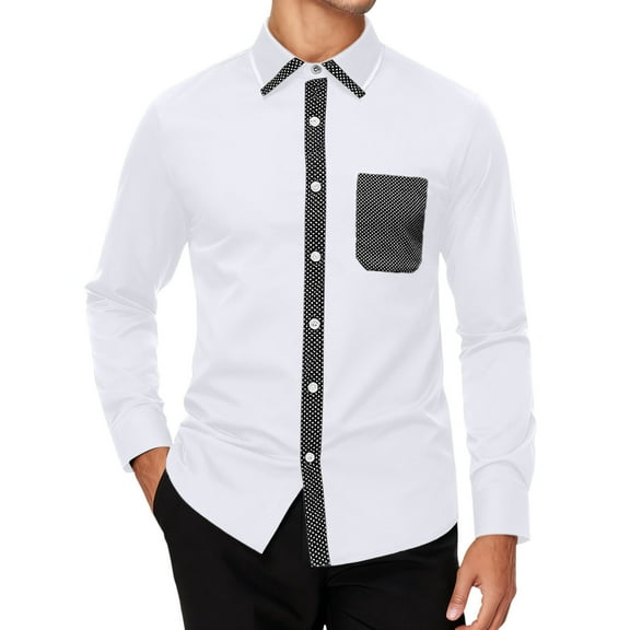 Dress Shirts for Men Solid Color Block Pocket Slim Fit Formal Stand Collar Long Sleeve Shirt White M
