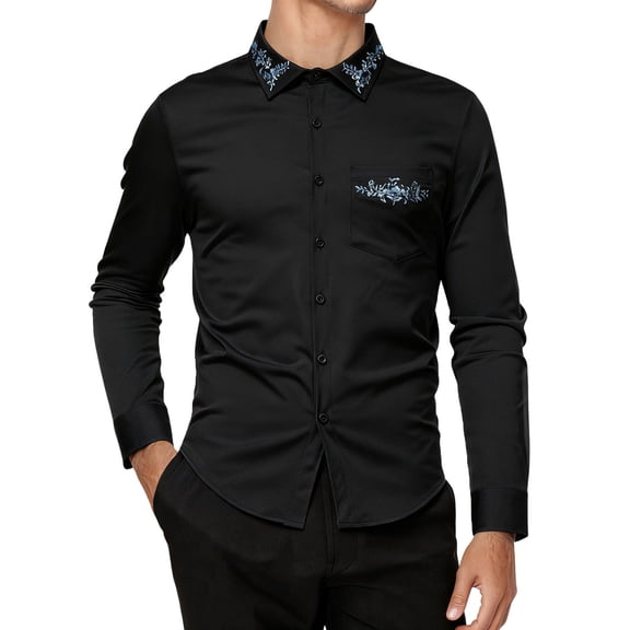 Dress Shirts for Men Solid Vintage Embroidery Long Sleeve Slim Fit Formal Stand Collar Shirt Black XL