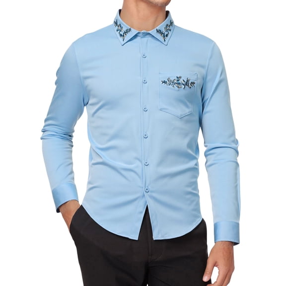 Dress Shirts for Men Solid Vintage Embroidery Long Sleeve Slim Fit Formal Stand Collar Shirt Blue L