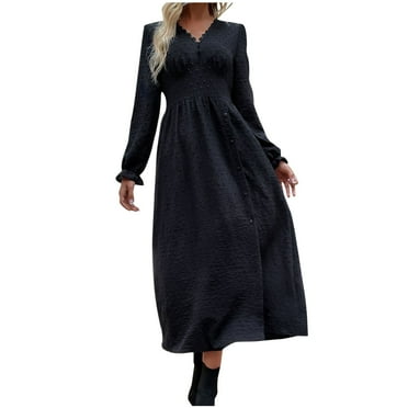 Dress Shirts for Men Women's Fall Long Dress Casual Long Sleeve V Neck Flowy Pleated a Line Long Maxi Dresses Fall Dress with Pockets S-45 Black M