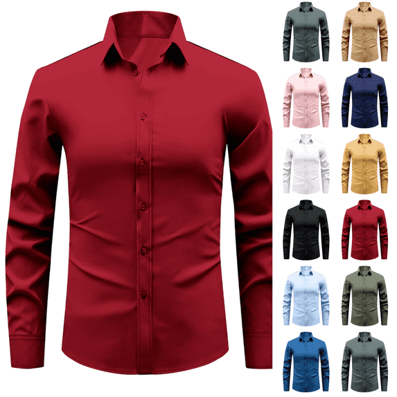 Dress Shirts for Men Wrinkle Free Stretch Button Down Shirt Casual Long Sleeve Business Shirts Wine 2XL