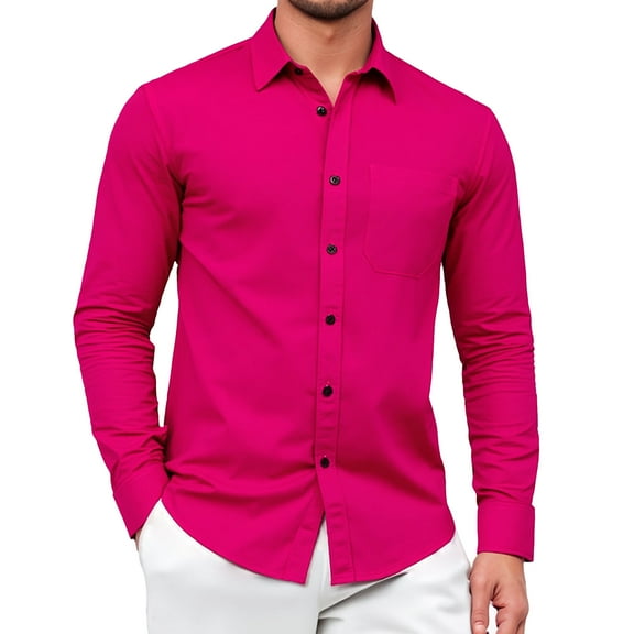 Dress Shirts for Mens Pink Long Sleeve Button Down Shirt Formal Wedding Prom Slim Fit Tops M