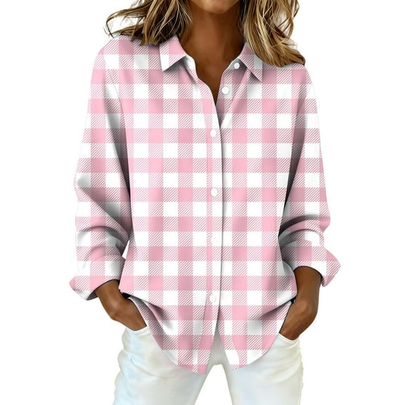 Dress Shirts for Women, Audhol Women's Fashion Casual Printed Button Long Sleeve Shirts Tops Collared Shirts for Women Pink, S