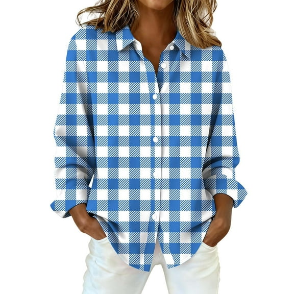 Dress Shirts for Women, Audhol Women's Fashion Casual Printed Button Long Sleeve Shirts Tops Collared Shirts for Women Work Blouse Blue, S