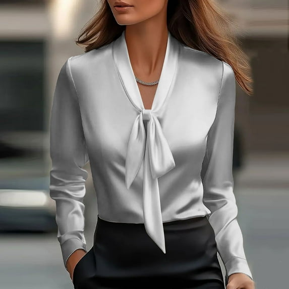 Dress Shirts for Women Business Satin Shirt Casual Tie Front V-Neck Pullover Office Work Blouse